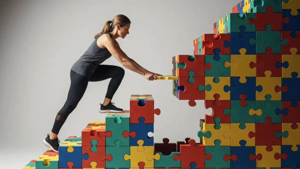 A person running up a staircase of colorful puzzle pieces, symbolizing discipline through effort.