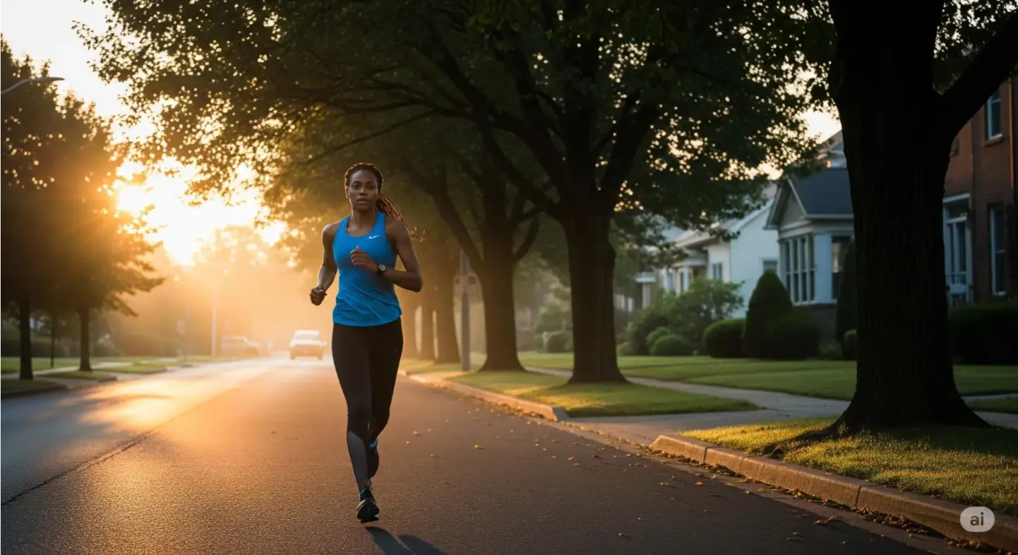  A runner jogs on a peaceful street at sunrise, wearing running shoes and a light jacket.