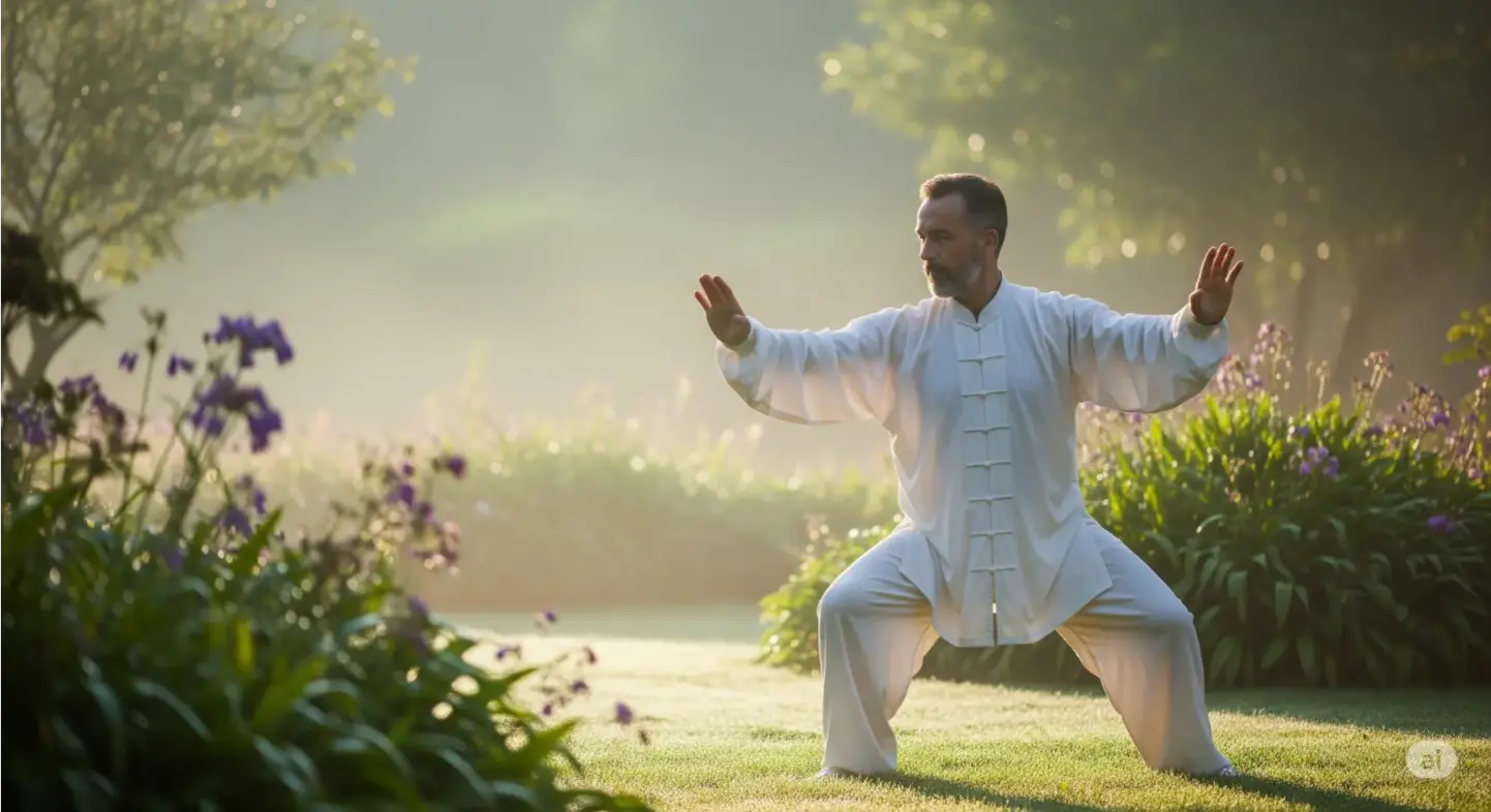  A serene person performs tai chi in a misty garden, wearing loose clothing and a calm expression.