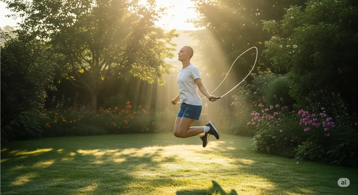 A person jumping rope in a backyard with morning sunlight.