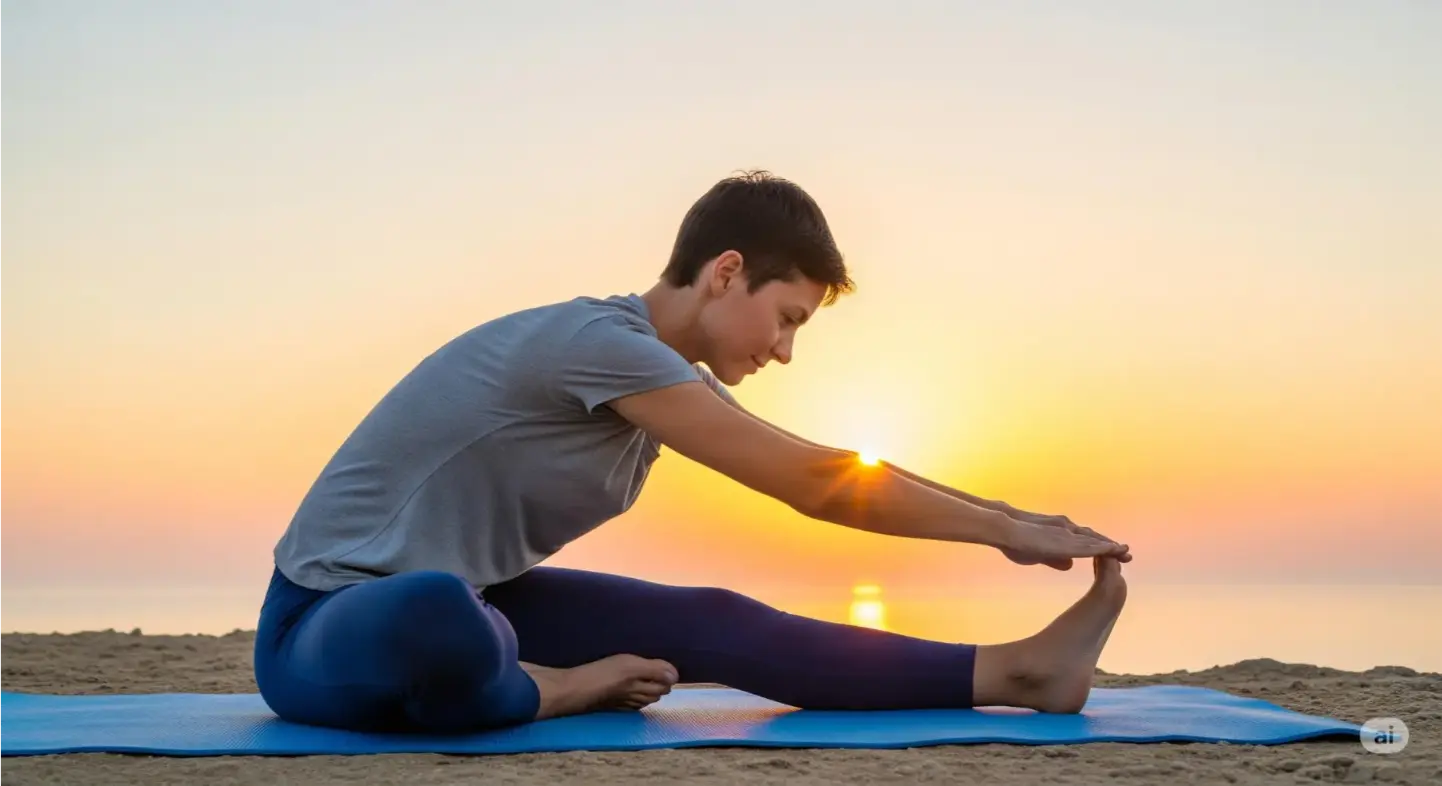 A calm person stretches in a yoga pose on a mat.