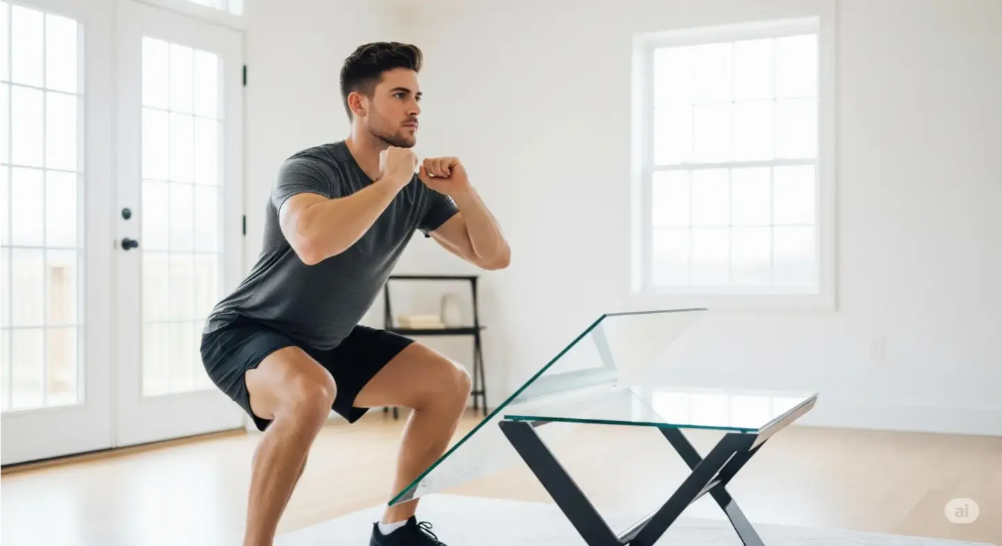  A person does squats in a cozy living room, with a coffee table moved aside and sunlight streaming in.