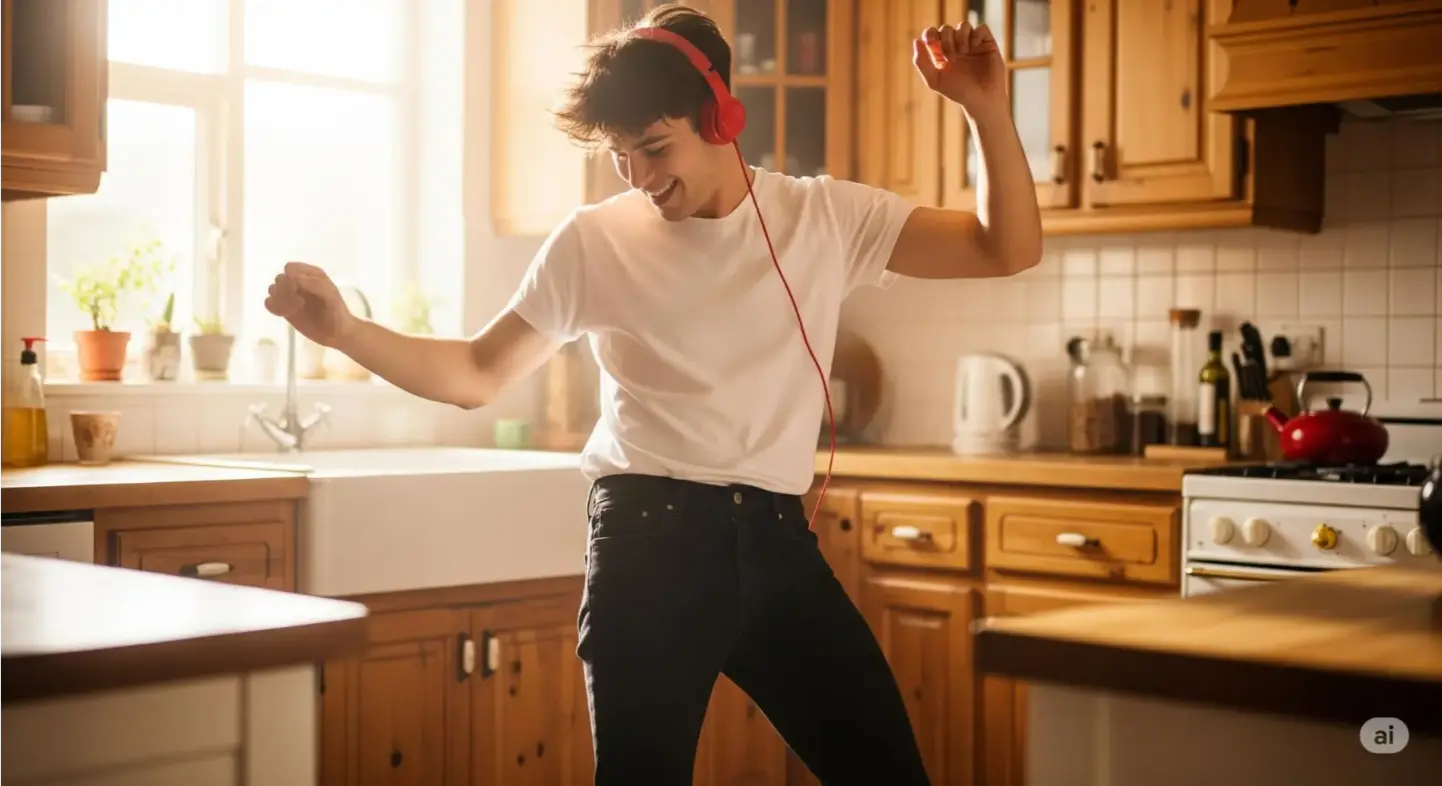 A happy person dances in a kitchen, wearing headphones and bright workout gear, smiling widely.