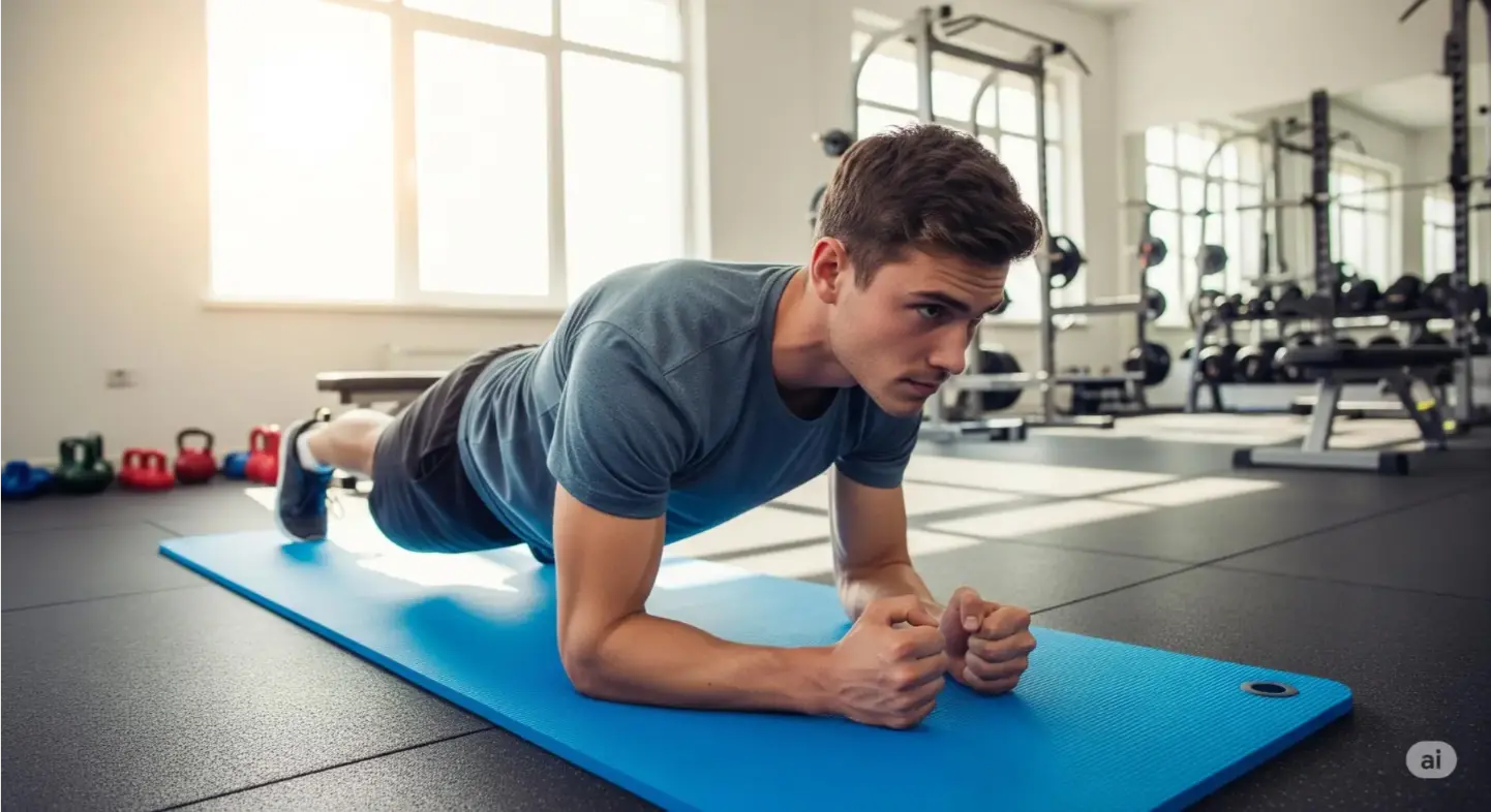  A focused person holds a plank position on a mat in a well-lit room, wearing athletic clothes