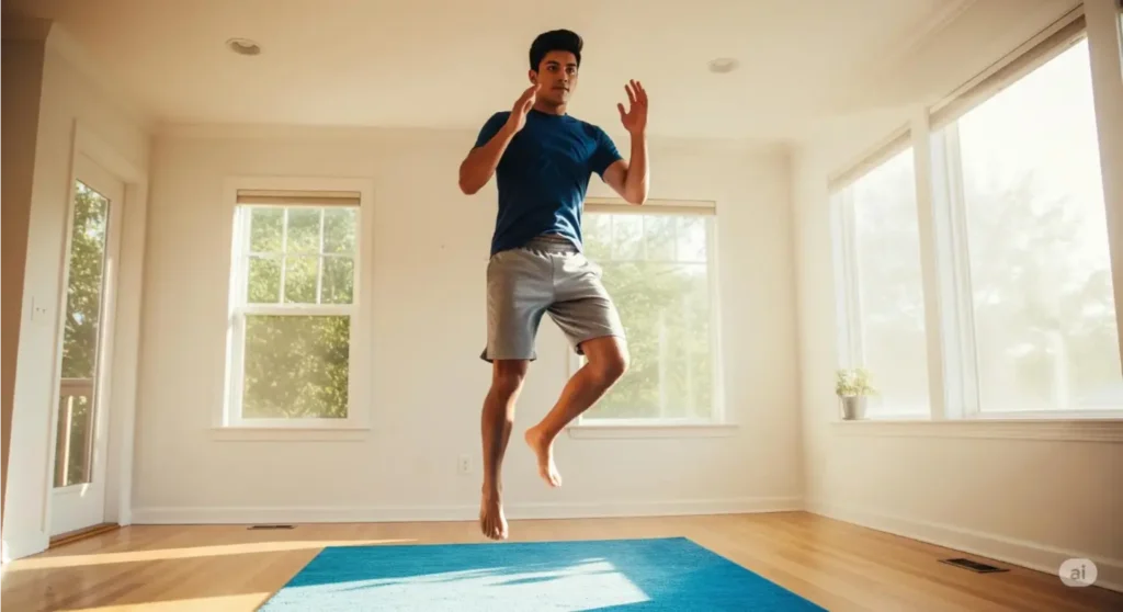  A smiling person does jumping jacks in a cozy, sunlit living room, wearing colorful workout clothes.