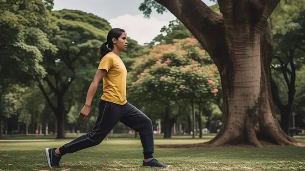 A person pauses to do lunges in a park during a morning walk, surrounded by green trees.