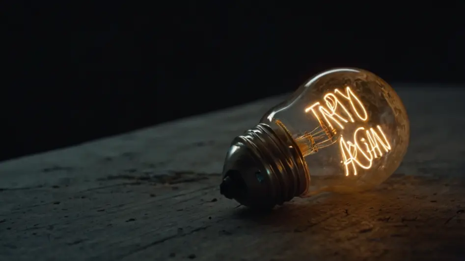 A shattered lightbulb glowing with ‘Try Again,’ symbolizing learning from setbacks.