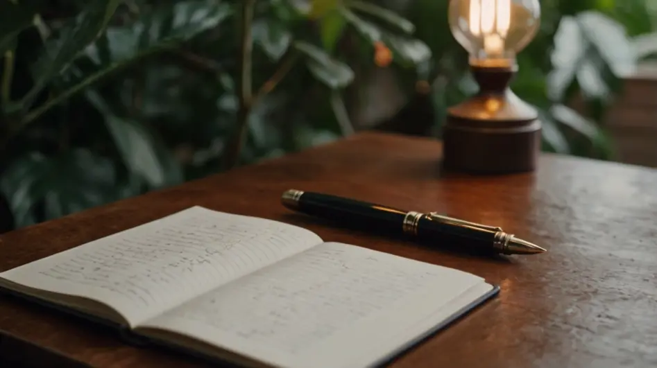 An open journal with a pen, surrounded by plants and a warm lamp, inviting reflection.