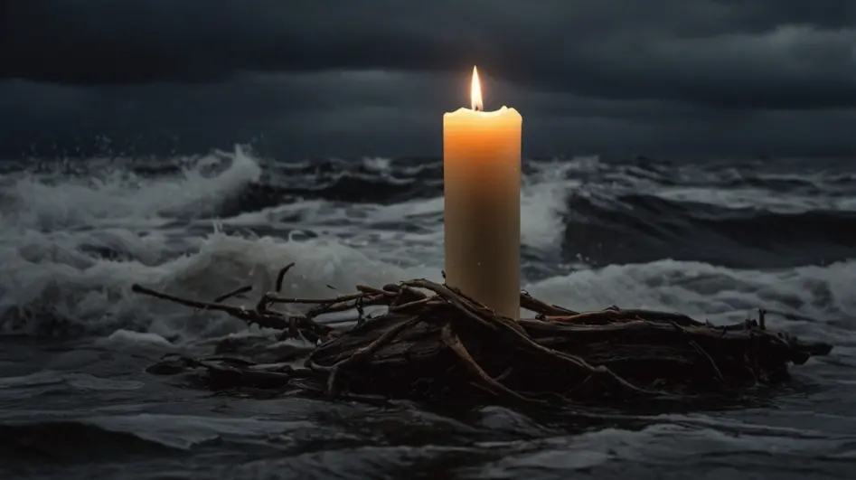 A glowing candle standing firm in a storm, symbolizing unwavering discipline.