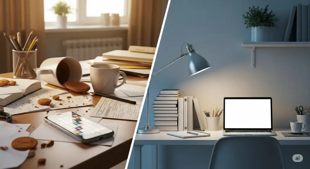 Cluttered vs. organized desk for motivation in hybrid learning.