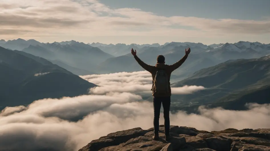 a mountaintop with arms raised, celebrating personal growth and discipline.