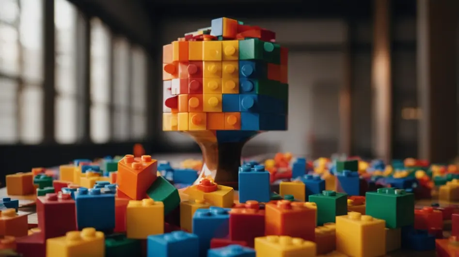 A trophy made of vibrant blocks, representing progress over perfection.