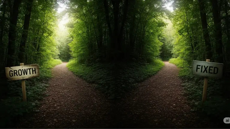 A fork in a forest path with signs reading ‘Growth’ and ‘Fixed,’ symbolizing mindset decisions.