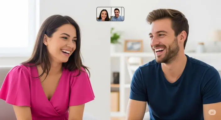 Smiling long-distance couple bonding over a lively video chat.'