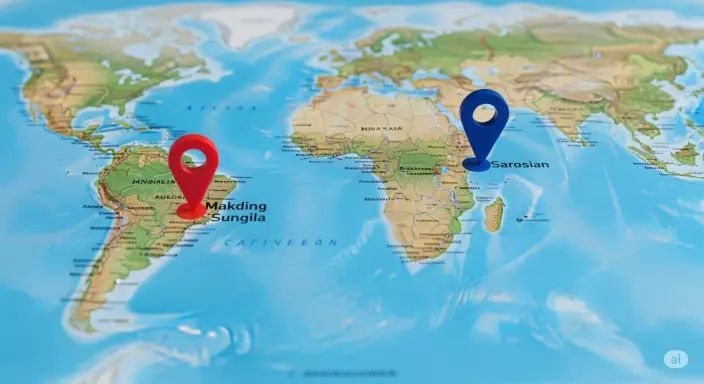 'World map with pins showing locations of a long-distance couple.'
