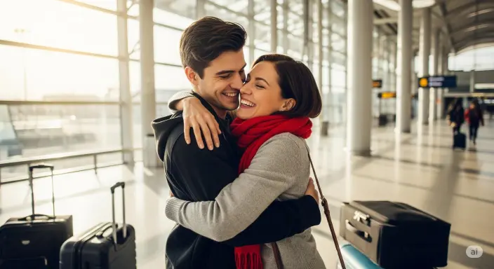 'Joyful reunion of a long-distance couple hugging at an airport.'