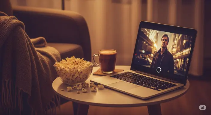 Laptop on a table with popcorn for a long-distance movie date.'