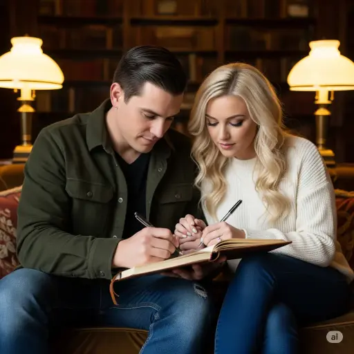 'Couple writing future plans in a journal, symbolizing hope in an LDR.'