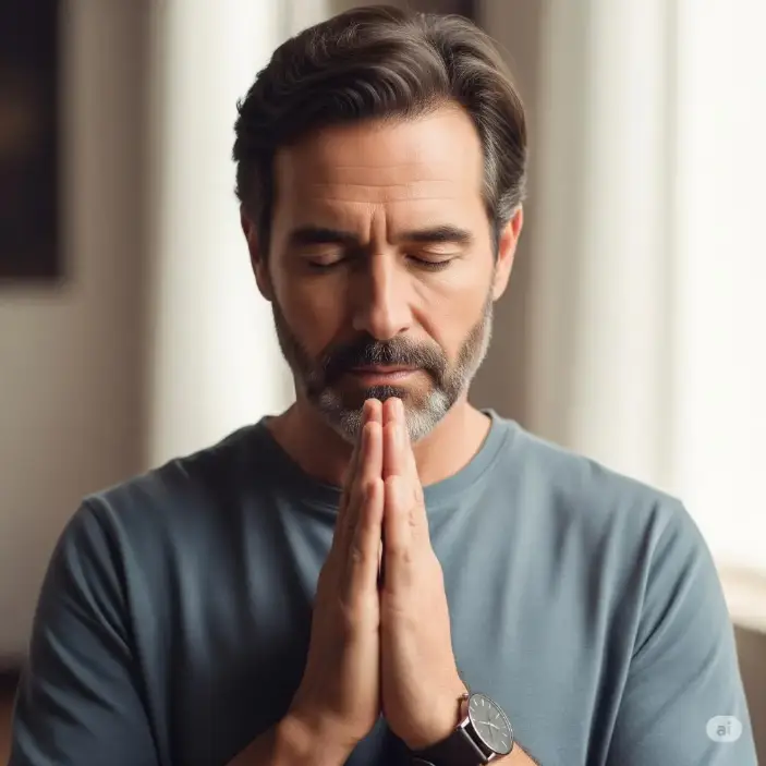 A person with hands clasped in prayer, sitting by a window.