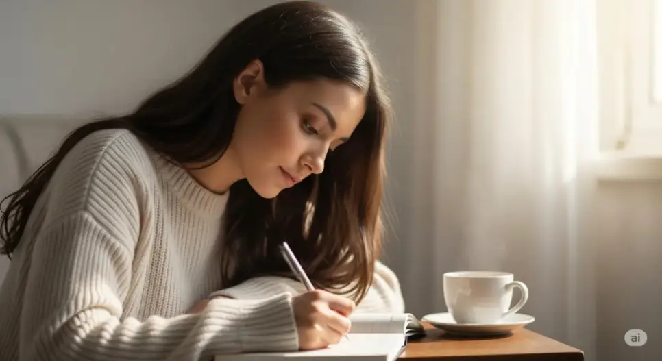 A woman journaling on her bed in the morning light, surrounded by cozy blankets.
