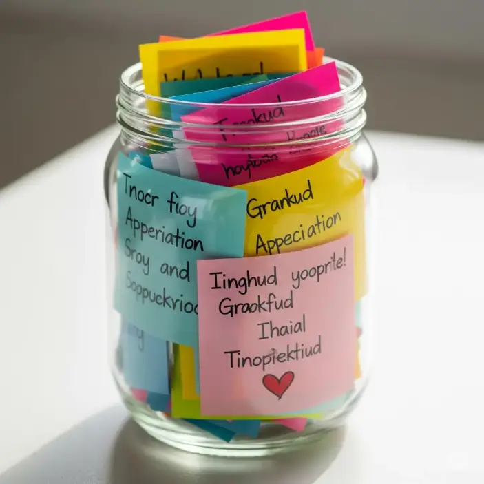 A glass jar filled with colorful folded gratitude notes on a wooden shelf.