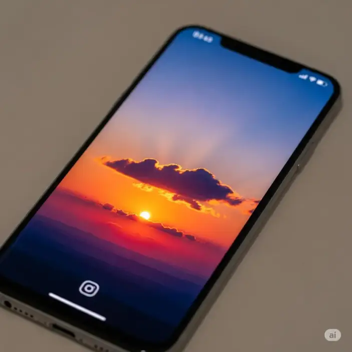 A phone screen showing a vibrant sunset photo over a calm ocean.