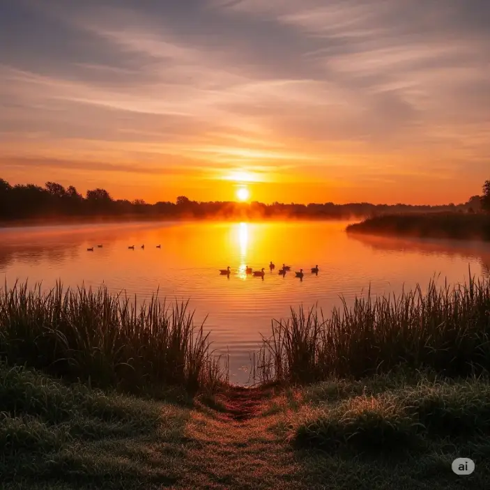 A sunrise over a calm lake, reflecting vibrant pinks and oranges in the calm water.