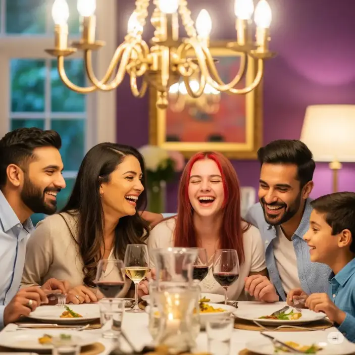 A family laughing around a dinner table filled with homemade dishes.