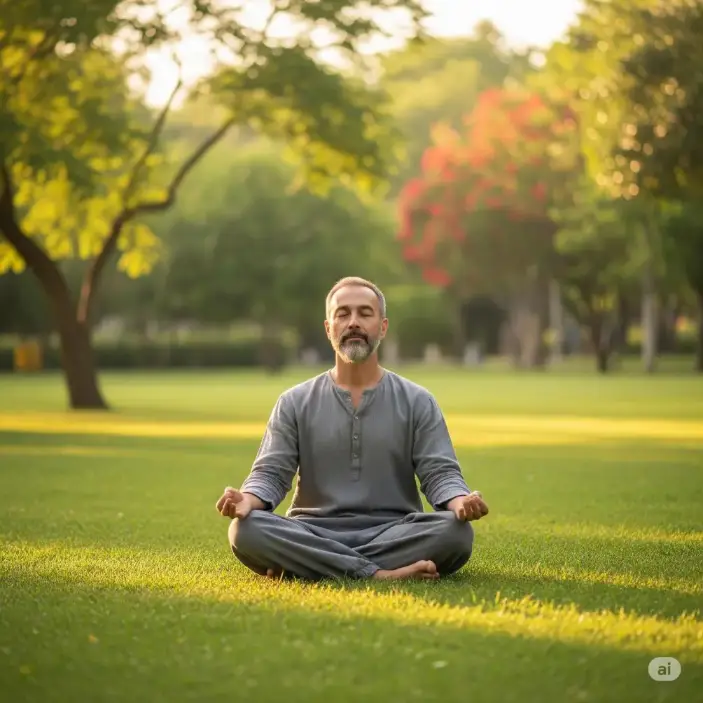 A person meditating cross-legged in a serene park, surrounded by soft green grass.