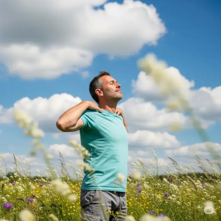 A person breathing deeply outdoors with eyes closed, standing in sunlight.