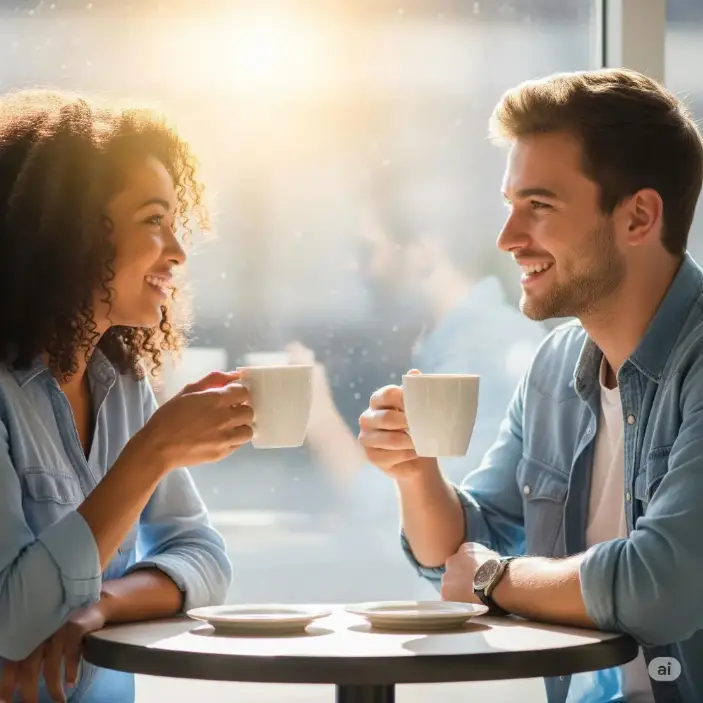 Two friends smiling and talking over coffee at a cozy café.