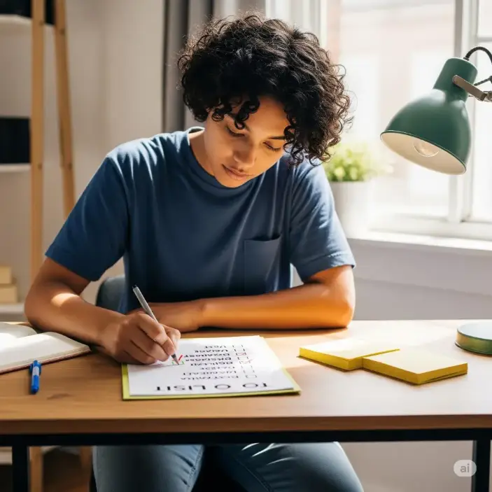 A person checking off a to-do list with a colorful pen.