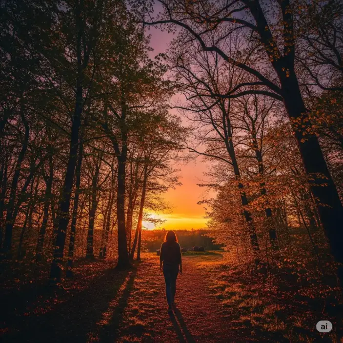 A person walking on a sunny path in a forest path, surrounded by tall trees and golden light.