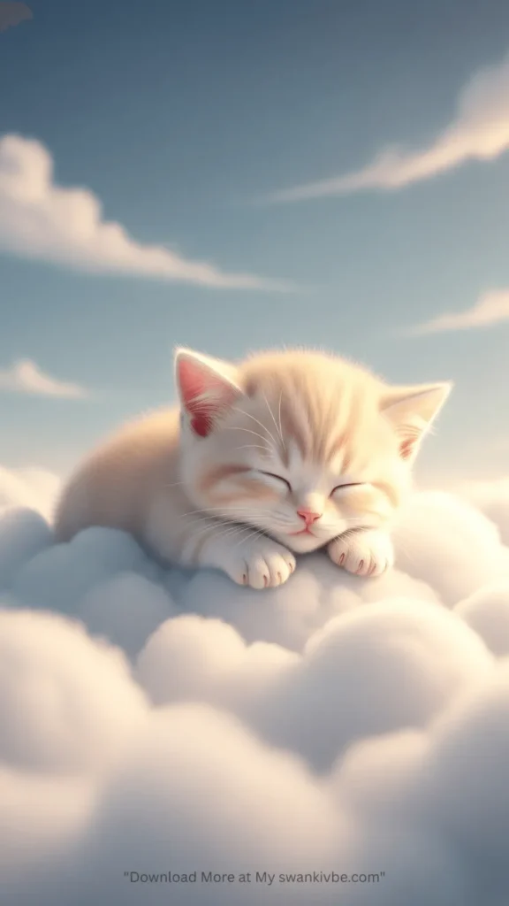 A cute kitten sleeping on clouds