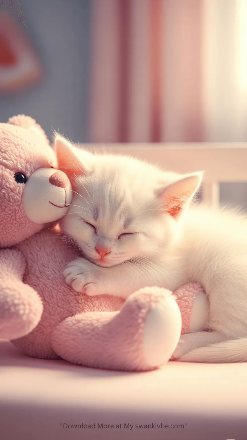 A cute kitten sleeping leaning over a teddy bear.