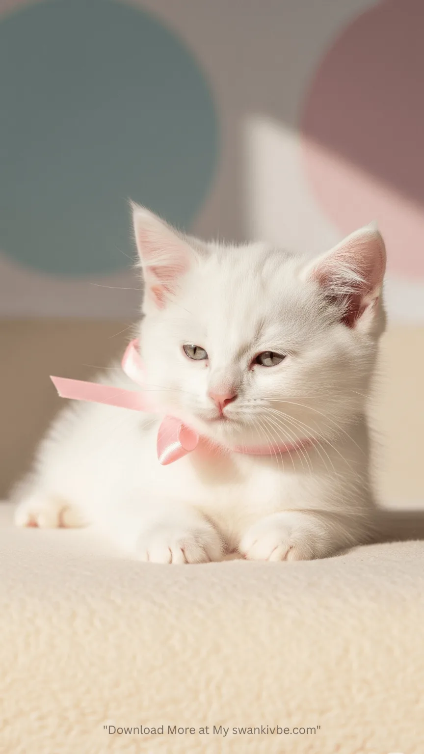 A cute white kitten is feeling sleepy. Her eyes are open and is about to Sleep