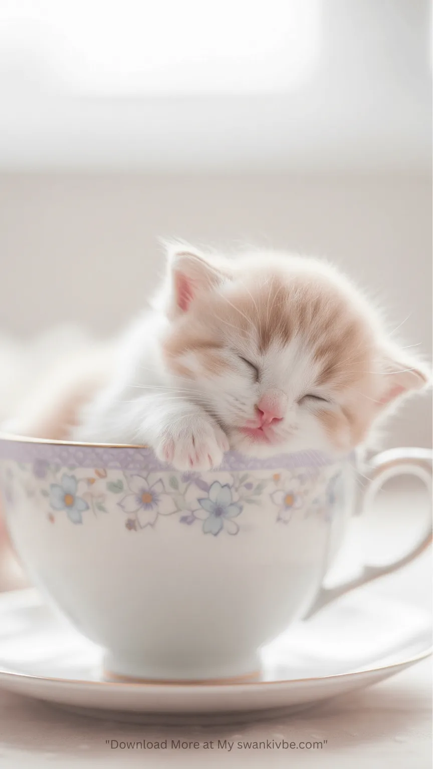 A cute kitten sleeping in a tea cup