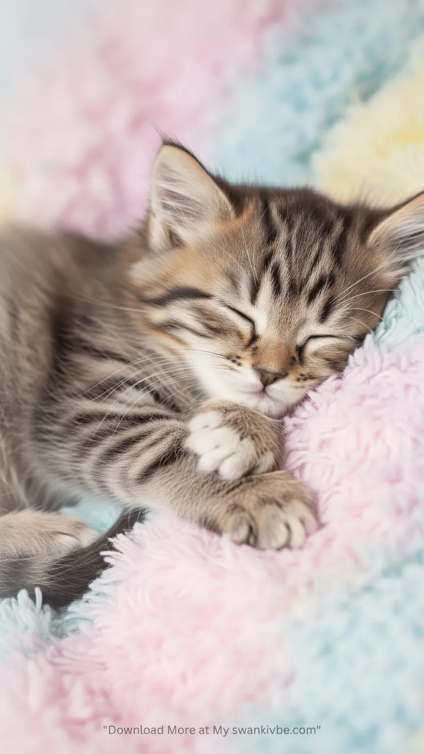 A cute grey cat is sleeping in a blanket
