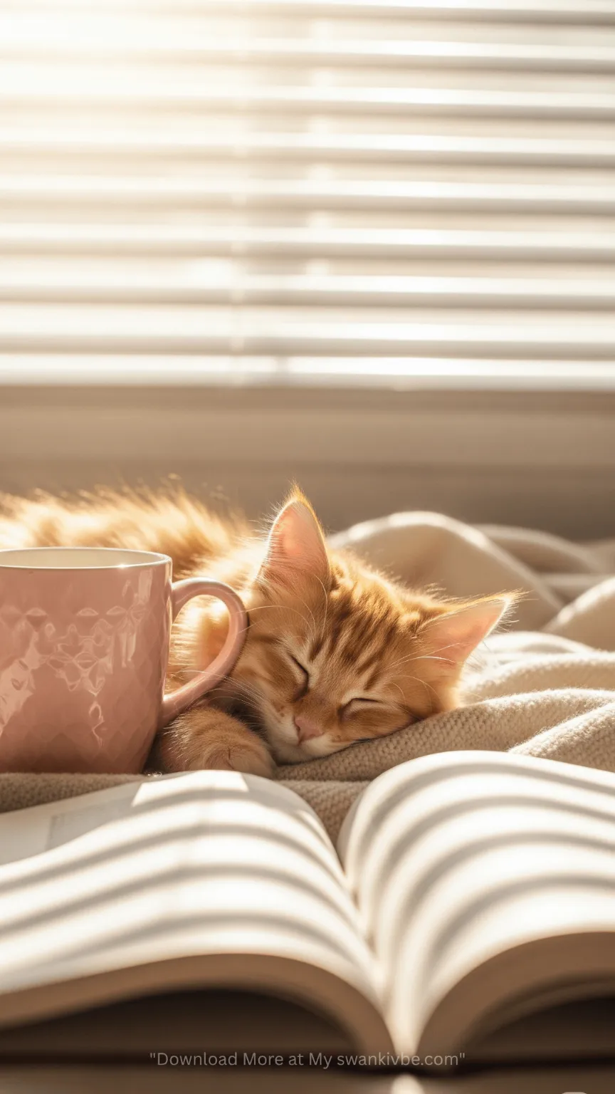 A cute kitten sleeping in a blanket and there is a cup near her.