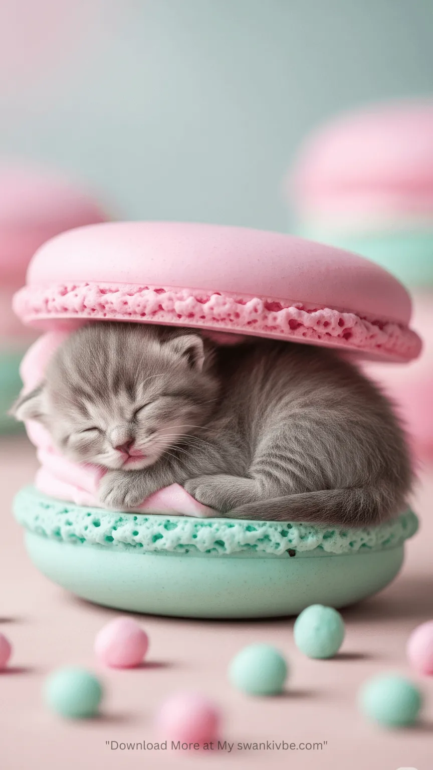 A cute kitten sleepin between a cake. a fantasy image