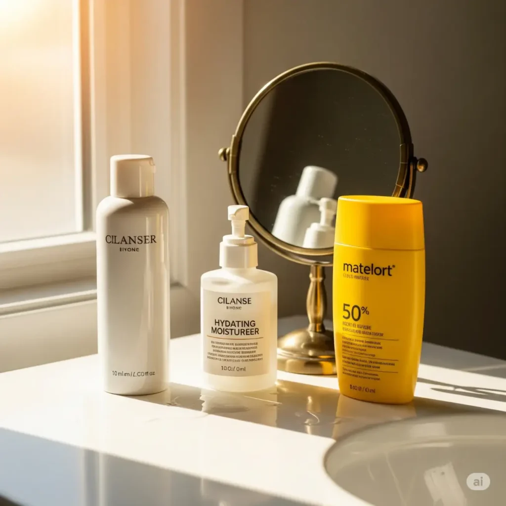  A sunny bathroom counter holds a gentle cleanser, moisturizer, and sunscreen bottle, neatly arranged next to a small round mirror.