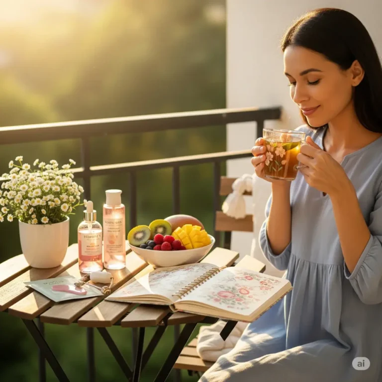 A person sits on a sunny balcony with a cup of herbal tea, an open journal, a bowl of vibrant fruit, and skincare bottles on a wooden table, surrounded by potted plants.