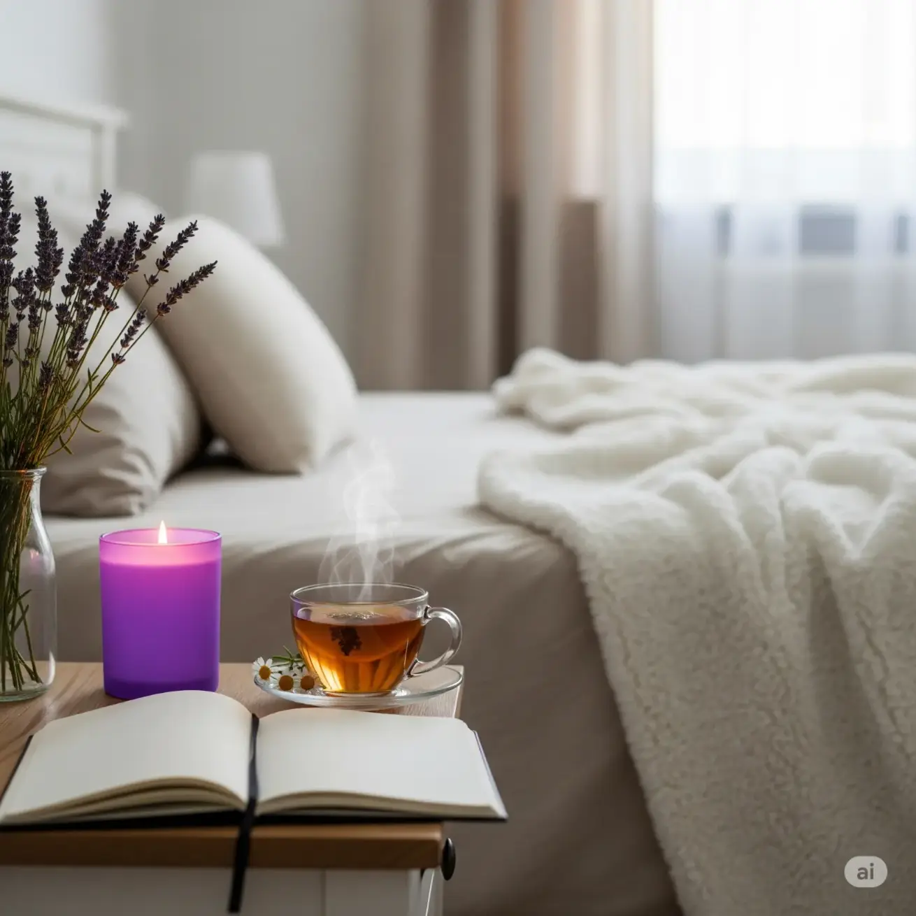 A cozy bedroom glows with a lavender-scented candle, a steaming cup of chamomile tea, and an open journal on a wooden bedside table.