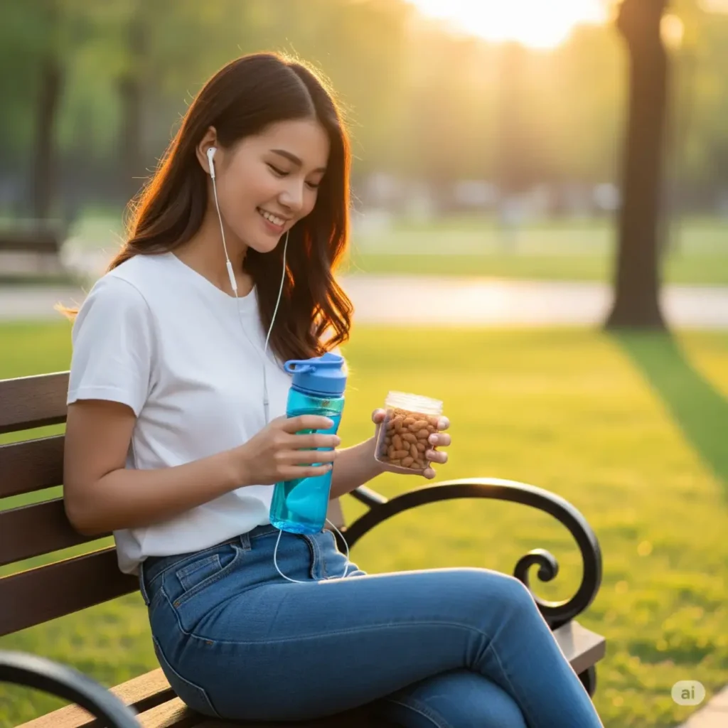 A person sits on a park bench, smiling, with a water bottle in one hand and a small container of almonds in the other, wearing earbuds.