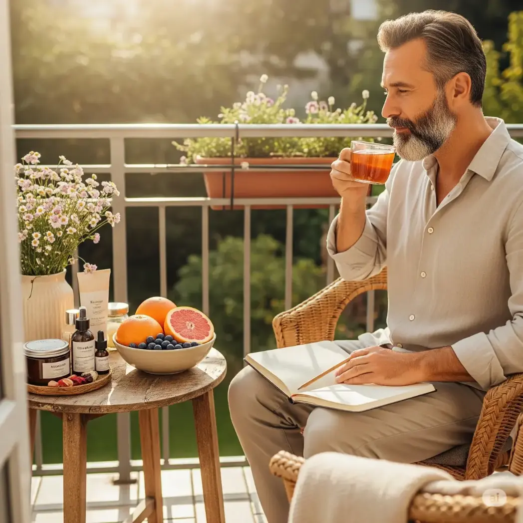  A person sits on a sunny balcony with a cup of herbal tea, an open journal, a bowl of vibrant fruit, and skincare bottles on a wooden table, surrounded by potted plants.