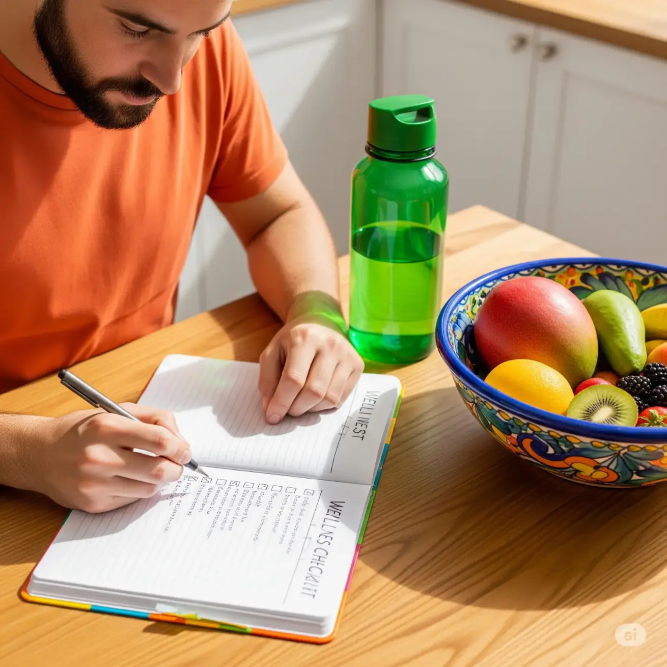 A person writes in a bright yellow notebook with a wellness checklist, a water bottle, and a bowl of strawberries on a sunny desk.