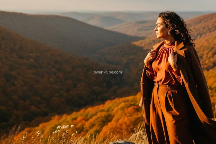 Woman in a clay blouse, russet trousers, and mocha coat, styled for fall on a hill overlooking an autumn valley.