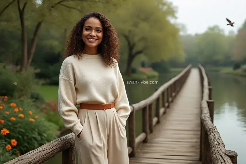 Woman in an ivory sweater dress, beige trousers, and terracotta belt, styled for fall on a rustic wooden bridge.