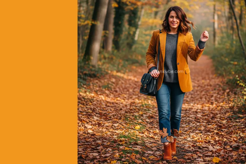  Woman in an ochre corduroy blazer, gray knit sweater, and rust suede boots, styled for fall on a leaf-covered forest path