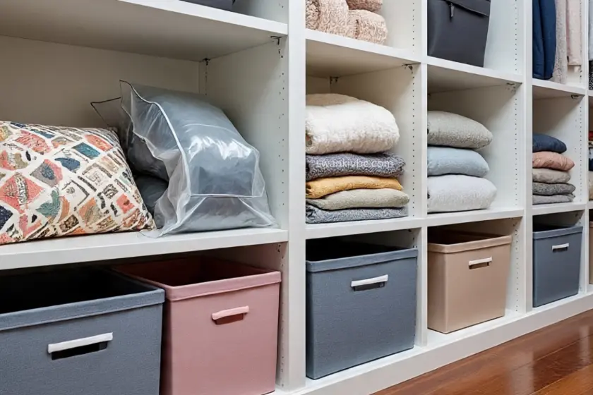 Space-saving seasonal storage solutions using bags and categorized bins